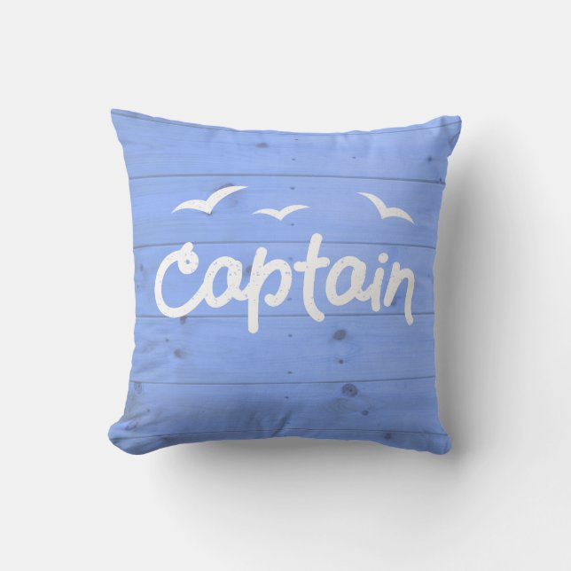 Captain Nautical Blue Wood Effect Throw Pillow (Front)