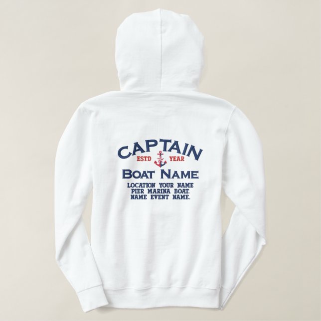 Captain Nautical Star Anchor Easily Personalized Embroidered Hoodie (Design Back)