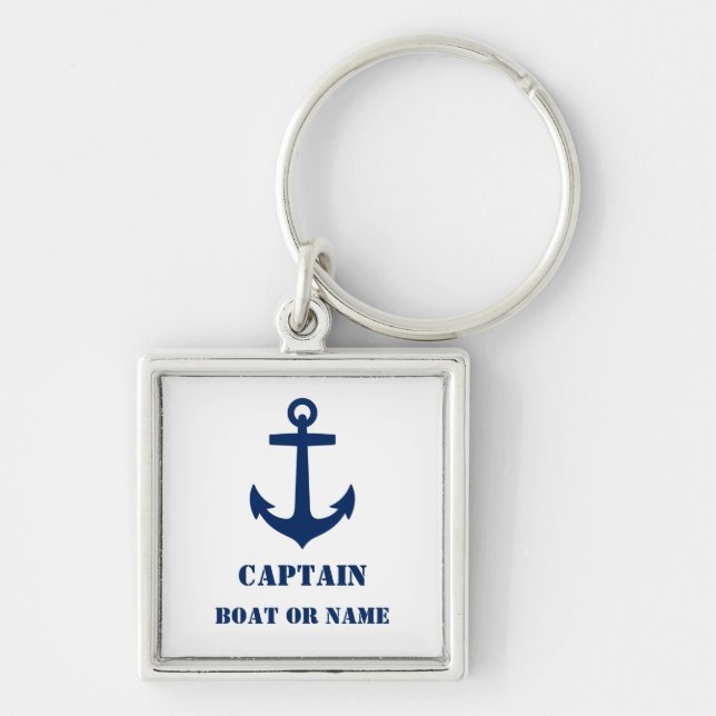 Captain or Boat Name Nautical Anchor Navy & White Keychain (Front)