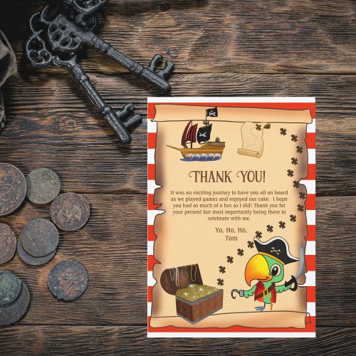 Captain Parrot Treasure Pirate Boys Birthday Thank You Card