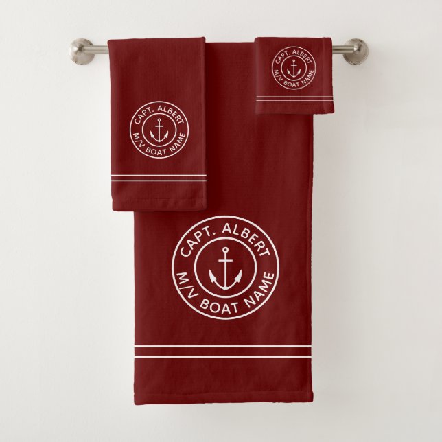 Captain Personalized Anchor Logo Maroon Towel Set (Insitu)
