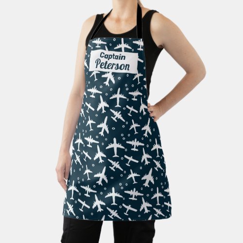 Captain Pilot Blue and White Aeroplane Patterned Apron