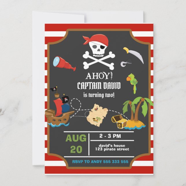 Captain Pirate Skull Boy Birthday Party Invitation (Front)