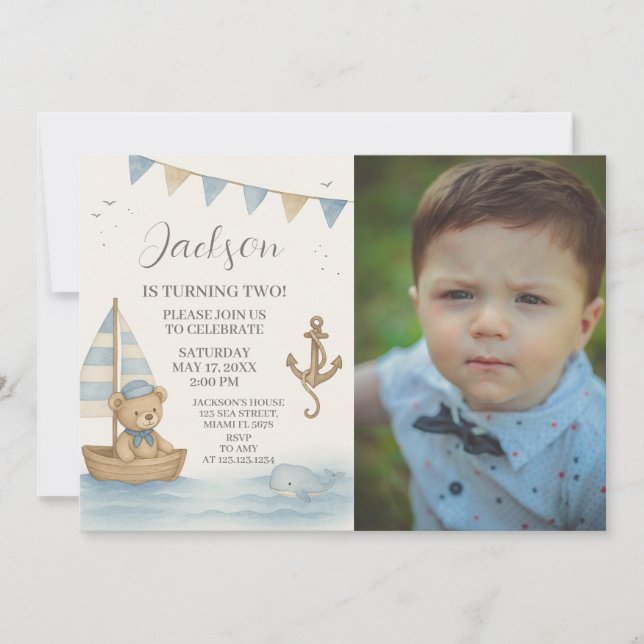 Captain’s Nautical Birthday Invitation with photo (Front)