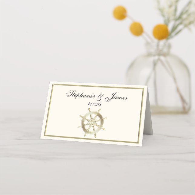 Captain’s Wheel / Ship’s Wheel Faux Gold Ivory Place Card (Front)