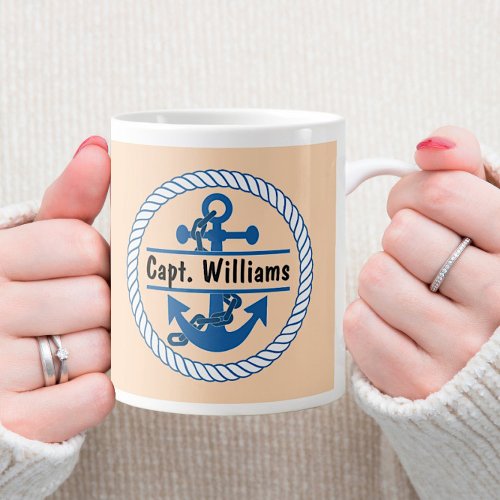 Captain Sailor Name Navy Blue Nautical Anchor Rope Giant Coffee Mug