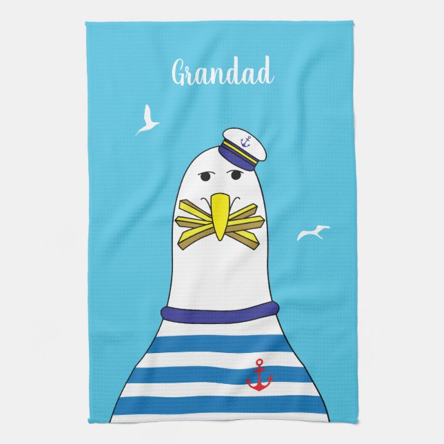 Captain Sailor Seagull Funny Cartoon Character Kitchen Towel (Vertical)
