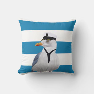 Captain Seagull Blue Stripes Throw Pillow