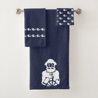 captain sharks Bathroom Ocean Blue & white Bath Towel Set