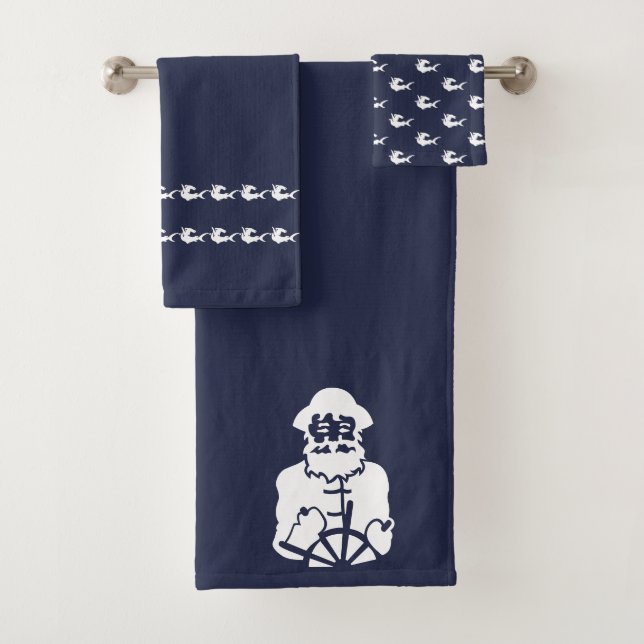 captain  sharks Bathroom Ocean Blue & white Bath Towel Set (Insitu)