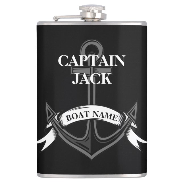 Captain Ship Anchor Black Nautical Custom Flask (Front)