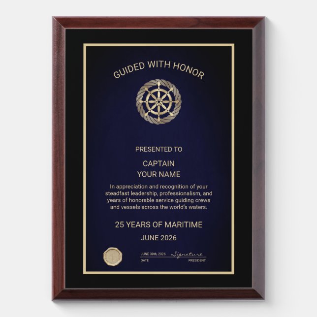 Captain Ship Wheel Retirement Award Plaque (Vertical)