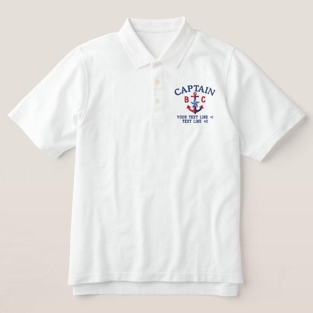 Captain Star Nautical Monogram and Text Embroidered Polo Shirt (Design Front)