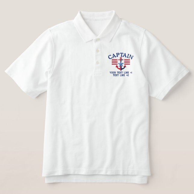 Captain Stripes Star Personalized Your Text Embroidered Polo Shirt (Design Front)