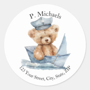 Captain Teddy Bear Round Address Label