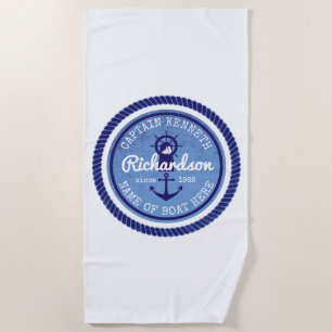 Captain Vintage Nautical Rope Anchor Helm Boat Beach Towel