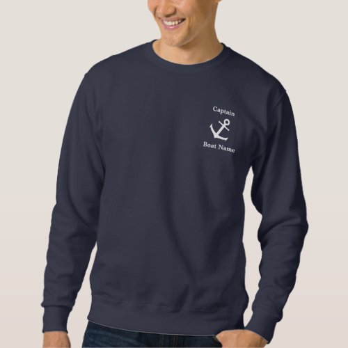 Captain White Text Boat Name with Anchor Sweatshirt