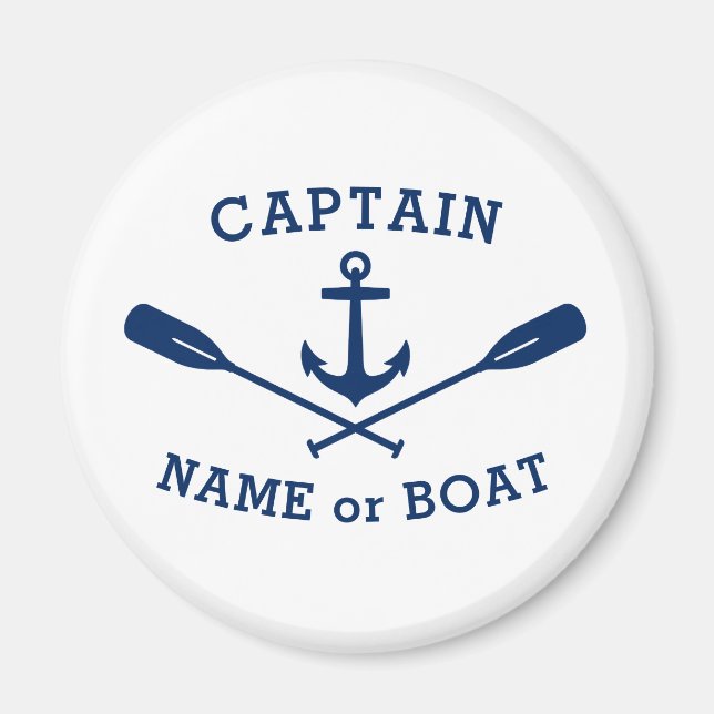 Captain with Boat Name Anchor Oars Navy Blue White Magnet (Front)