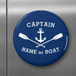 Captain with Boat Name Anchor Oars White Navy Blue Magnet<br><div class="desc">Stylish round refrigerator magnet with your personalized captain or other rank,  your name or boat name or desired text and a custom nautical anchor and crossed oars in white on navy blue or choose background color to match your decor. Makes a great unique gift.</div>