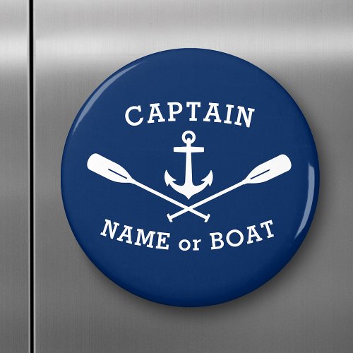 Captain with Boat Name Anchor Oars White Navy Blue Magnet