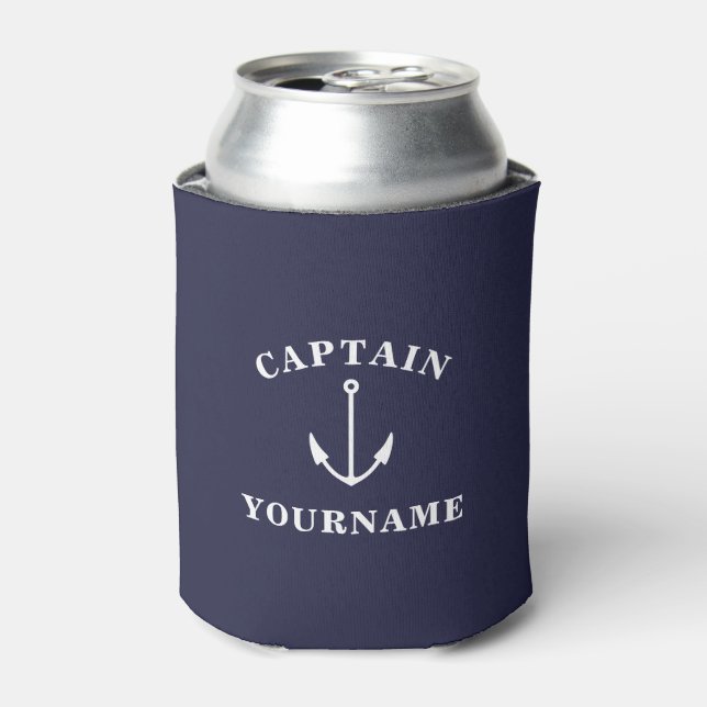 Captain with Your Name Nautical Anchor Can Cooler (Can Front)