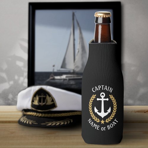 Captain Your Boat Name Anchor Gold Laurel Black Bottle Cooler