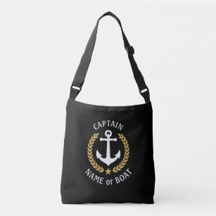 Captain Your Boat Name Anchor Gold Laurel Black Crossbody Bag