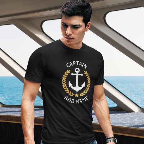 Captain Your Boat Name Anchor Gold Laurel Black T_Shirt