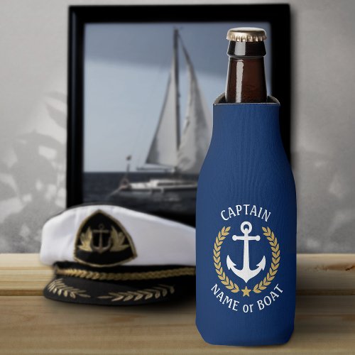 Captain Your Boat Name Anchor Gold Laurel Blue Bottle Cooler