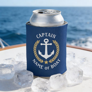 Captain Your Boat Name Anchor Gold Laurel Navy Can Cooler