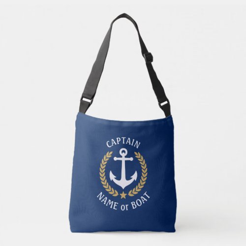 Captain Your Boat Name Anchor Gold Laurel Navy Crossbody Bag