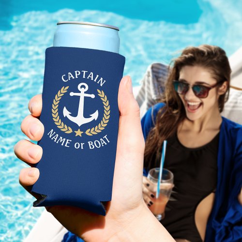 Captain  Your Boat Name Anchor Gold Laurel Navy Seltzer Can Cooler