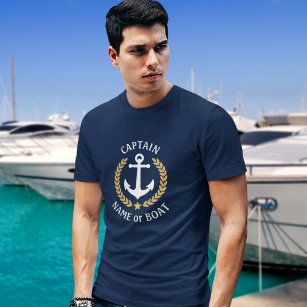Captain Your Boat Name Anchor Gold Laurel Navy T-Shirt