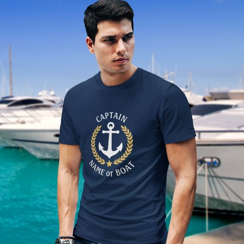 Captain Your Boat Name Anchor Gold Laurel Navy T_Shirt