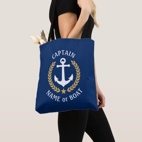 Captain Your Boat Name Anchor Gold Laurel Navy Tote Bag