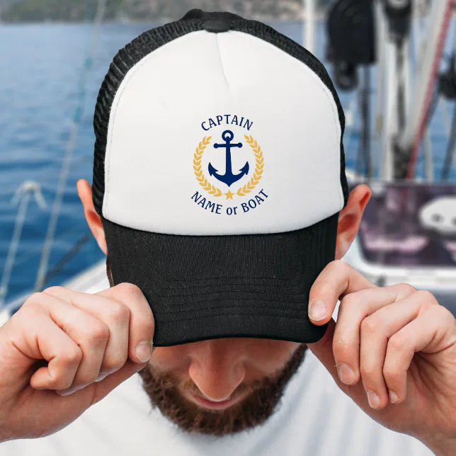 Captain Your Boat Name Anchor Gold Laurel Star Trucker Hat | Zazzle