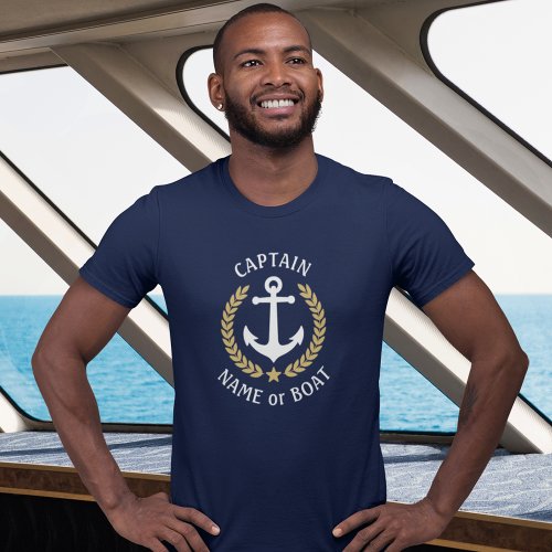 Captain Your Boat Name Anchor Gold Laurel T_Shirt