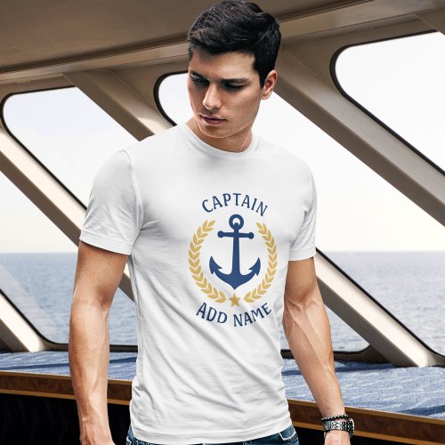 Captain Your Boat Name Anchor Gold Laurel White T_Shirt