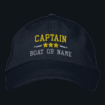 Captain Your Boat Name Nautical Stars Gold Silver Embroidered Baseball Cap<br><div class="desc">Sail in style with a personalized embroidered hat featuring your Captain rank or other title,  your Name or Boat Name and stars. Several cap and thread colors to choose from. Makes a great custom gift for Fathers day,  Mothers day or any occasion.</div>