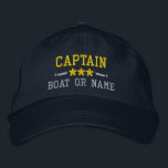 Captain Your Boat Name Nautical Stars Gold Silver Embroidered Baseball Cap<br><div class="desc">Sail in style with a personalized embroidered hat featuring your Captain rank or other title,  your Name or Boat Name and stars. Several cap and thread colors to choose from. Makes a great custom gift for Fathers day,  Mothers day or any occasion.</div>