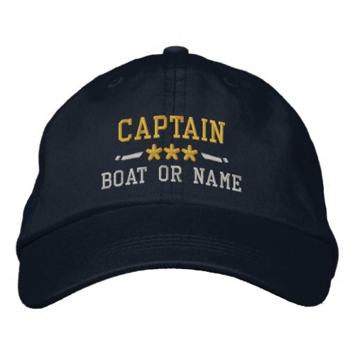 Captain Your Boat Name Nautical Stars Gold Silver Embroidered Baseball Cap