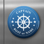 Captain Your Boat Name Ships Wheel Helm Blue Fade Magnet<br><div class="desc">Stylish round refrigerator magnet with Captain or other title,  your personalized boat name or other desired text and a custom ships wheel - helm in white on shades of sea blue or choose background colors to match your  decor. Makes a great unique gift.</div>