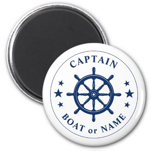 Captain Your Boat Name Ships Wheel Helm Navy White Magnet