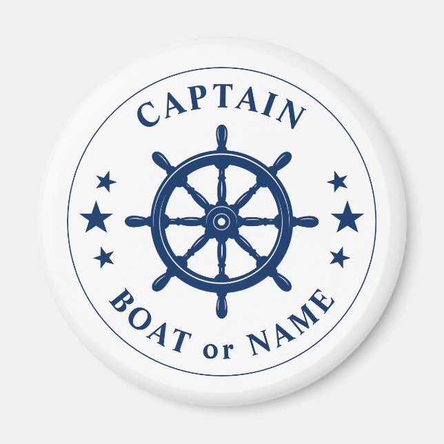 Captain Your Boat Name Ships Wheel Helm Navy White Magnet (Front)