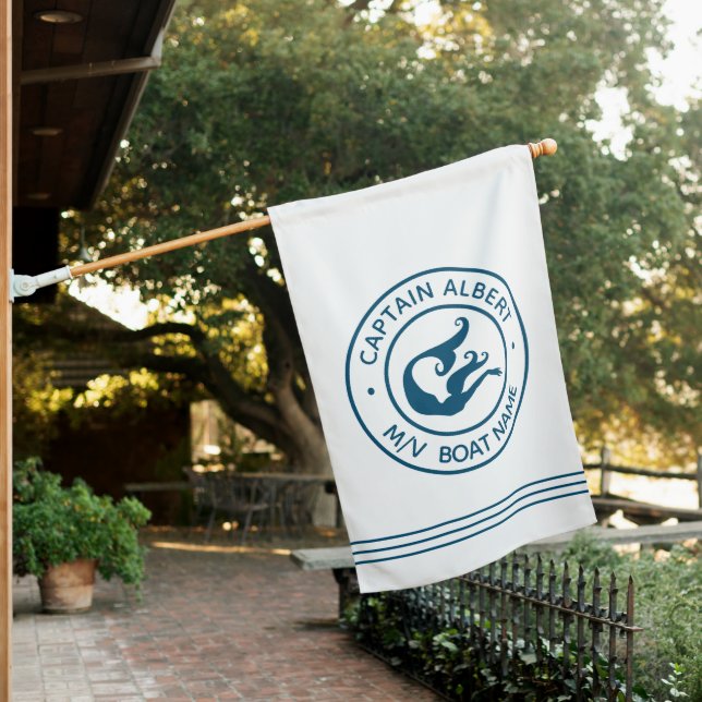 Captain Your Name Nautical Mermaid Logo Flag (In SItu)