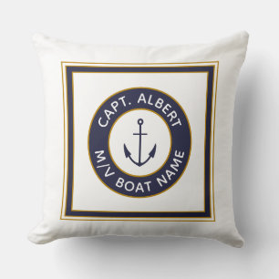Captain Your Name Navy White Anchor Pillow
