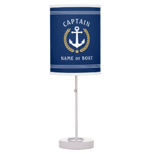 Captain Your Name Or Boat Anchor Gold Laurel Navy Table Lamp