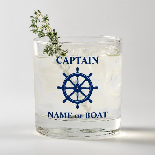 Captain Your Name or Boat Nautical Helm Wheel Navy Whiskey Glass