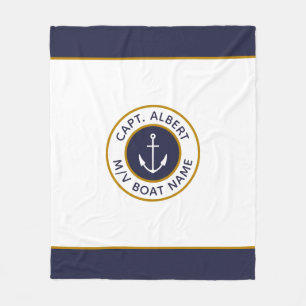 Captain Your Name White Blue Anchor Duvet Cover Fleece Blanket