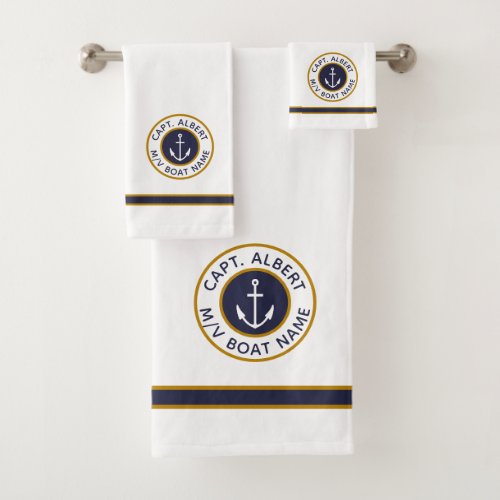 Captain Your Name White Navy Blue Gold Towel Set